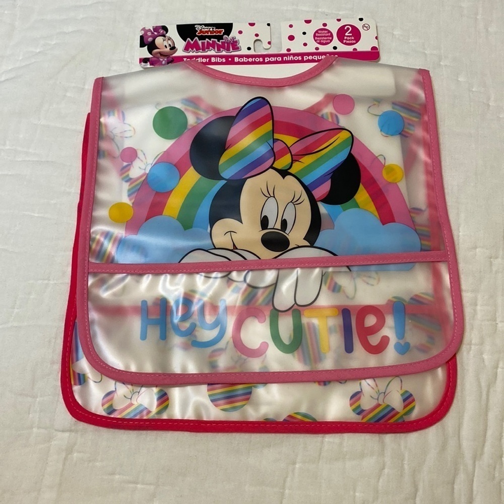 NEW Disney Jr Minnie Mouse 2 pk Toddler Bibs Crumb 6M+ Water Resistant BB014